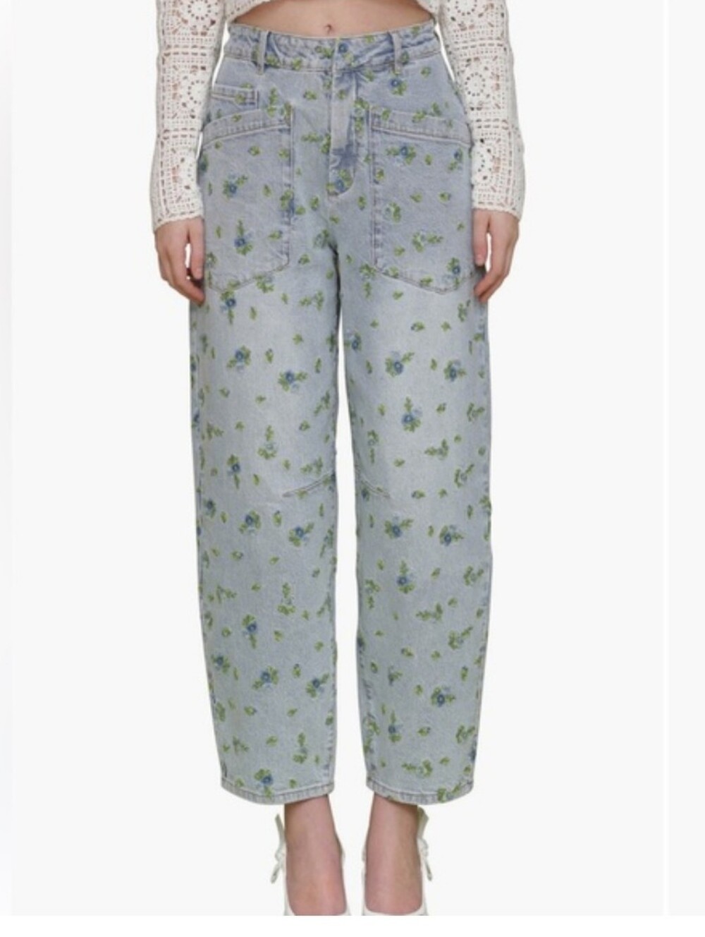 Avec Les Files Bohemian Embroidered Floral Relaxed Tapered/Barrel Jeans